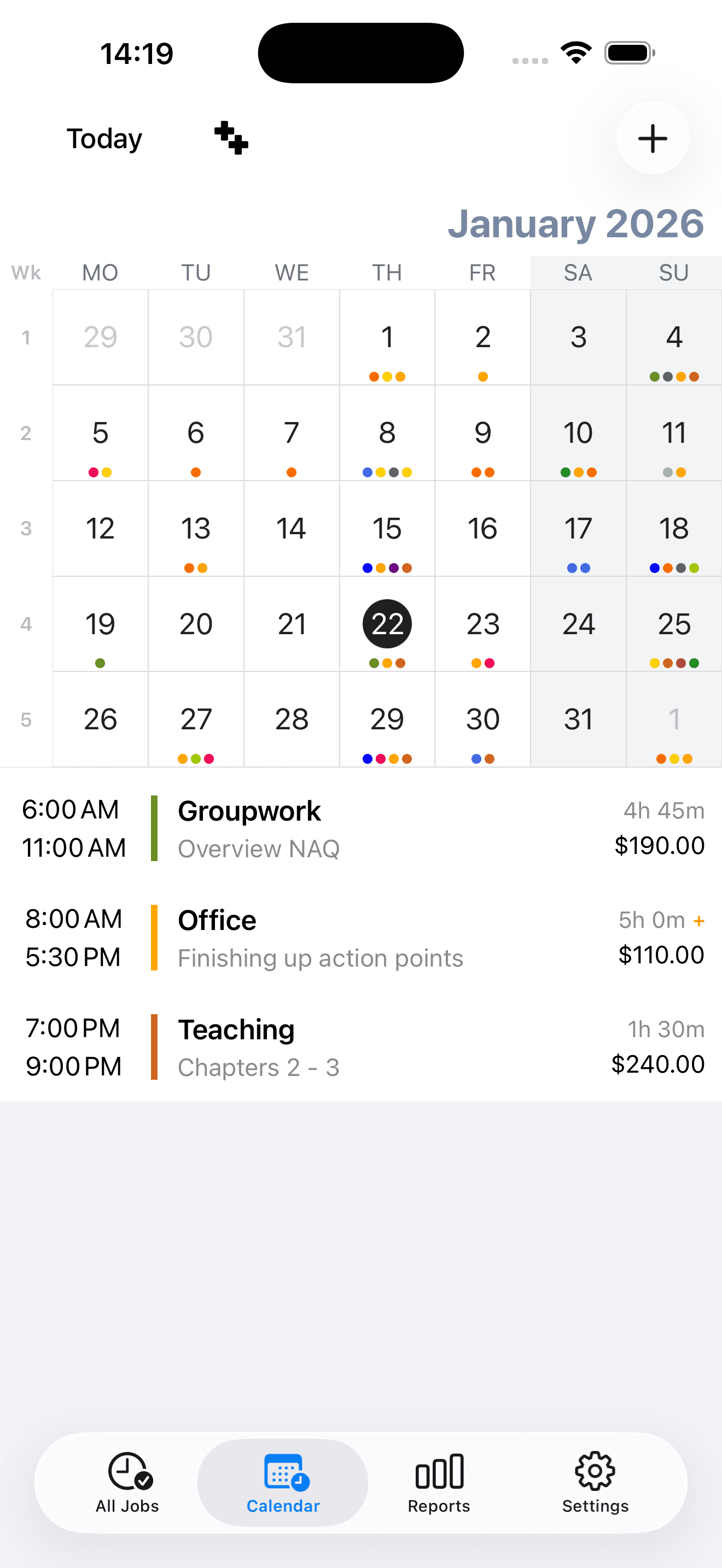 Salarybook-Kalender mit Arbeitsstunden über mehrere Jobs