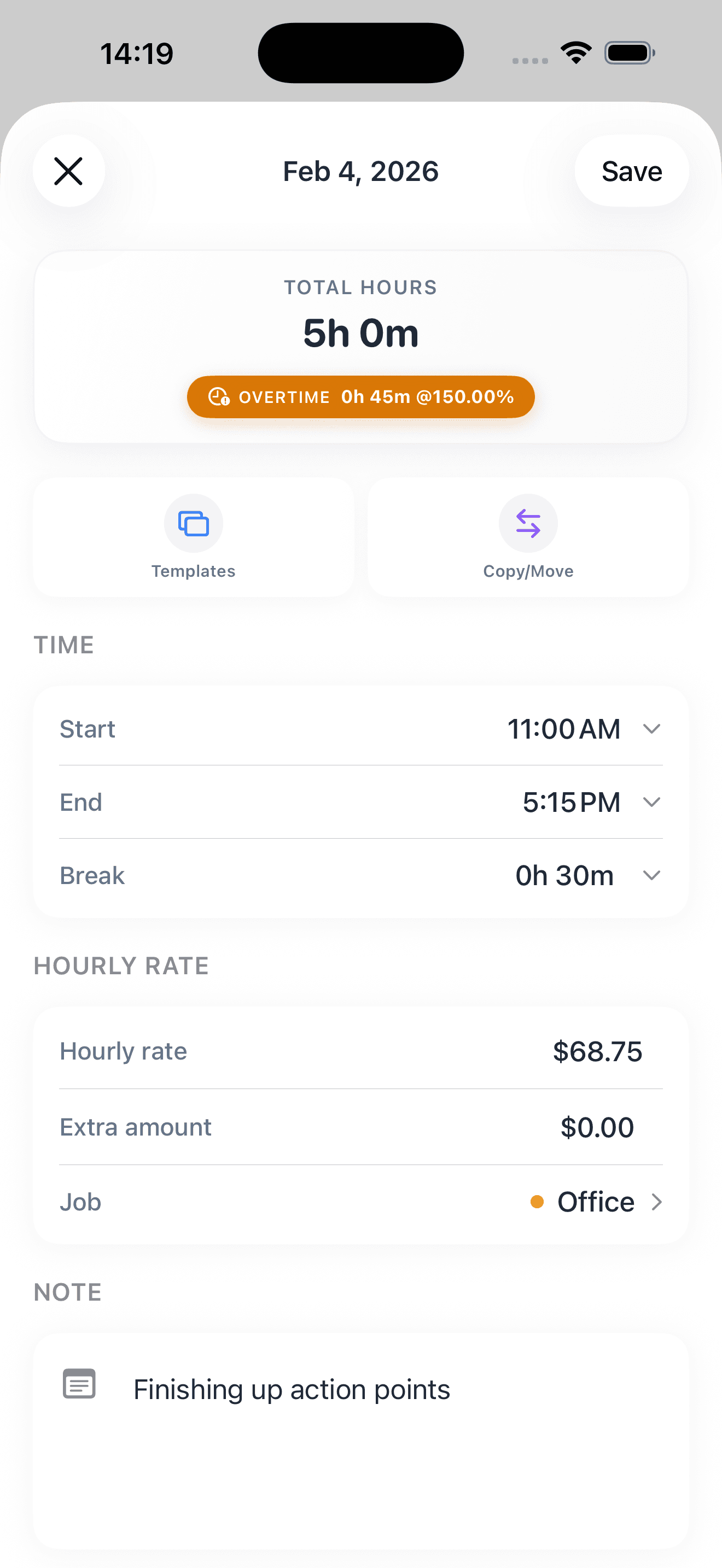 Salarybook-Zeiteintrag mit Stunden, Überstunden und dem berechneten Stundensatz