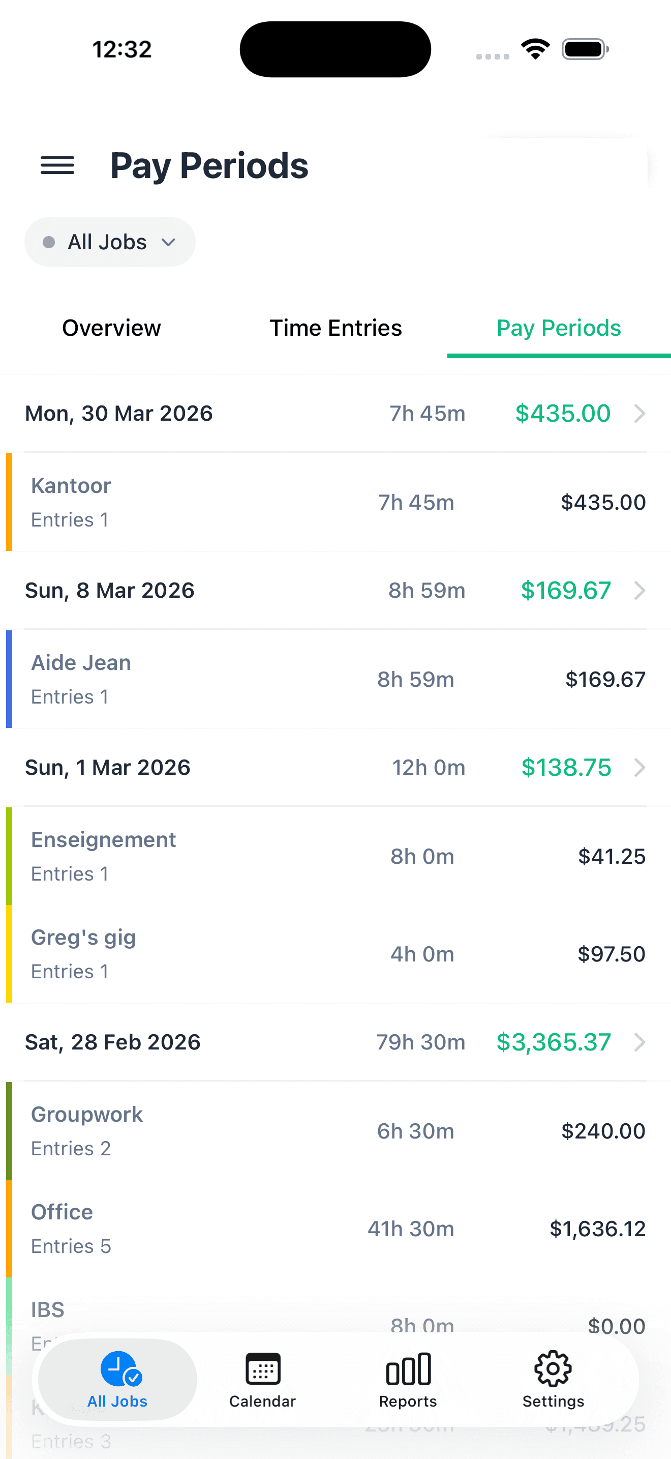 Liste des périodes de paie Salarybook avec totaux par emploi